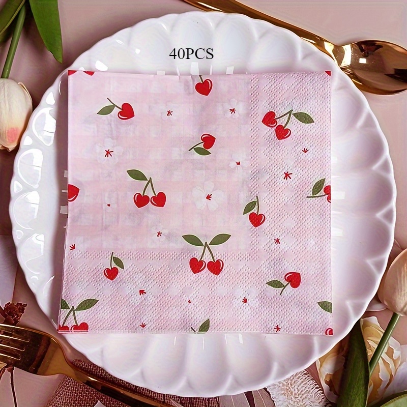 40 Pink Cherry Patterned Disposable Napkins, Perfect For Spring And Summer Parties, Weddings, Birthday Gifts, And Festive Decorations