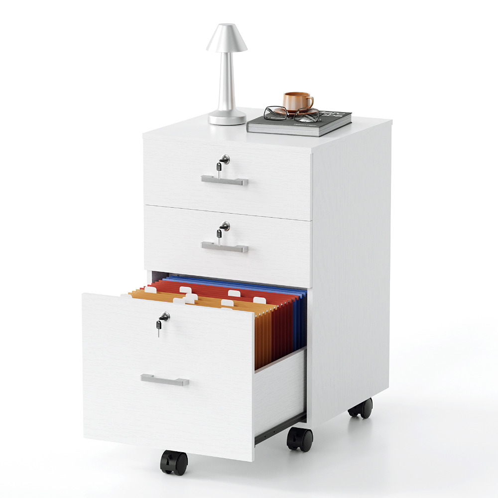 Image of White 3-drawer Rolling File Cabinet With Lock, Mobile Under Desk Storage Cabinet, Fits A4 And Letter Hanging Files, Lockable Swivel Casters Office Filing Cabinet