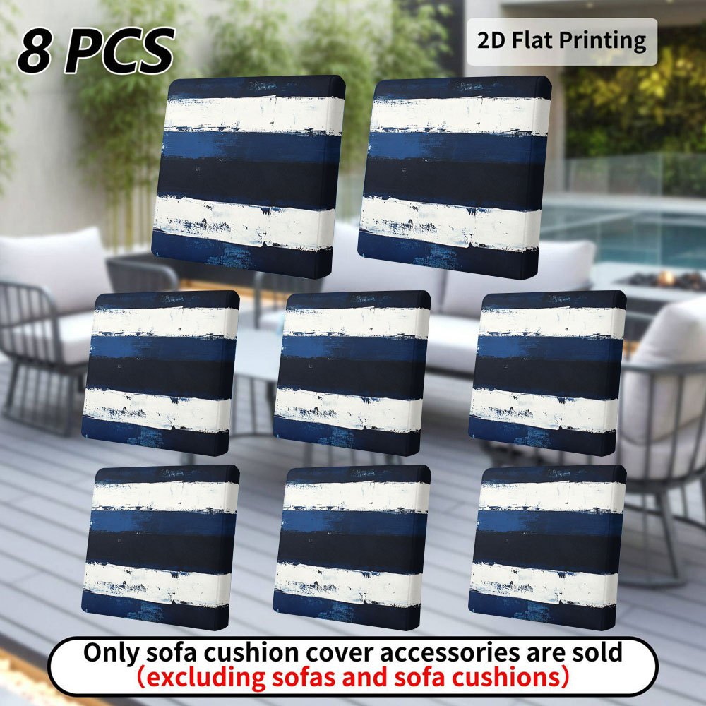 TEMU Juego de 8 fundas para cojines de patio, azules, blancas, a rayas, estampadas digitalmente, para cojines de sofá de exterior, lavables a máquina