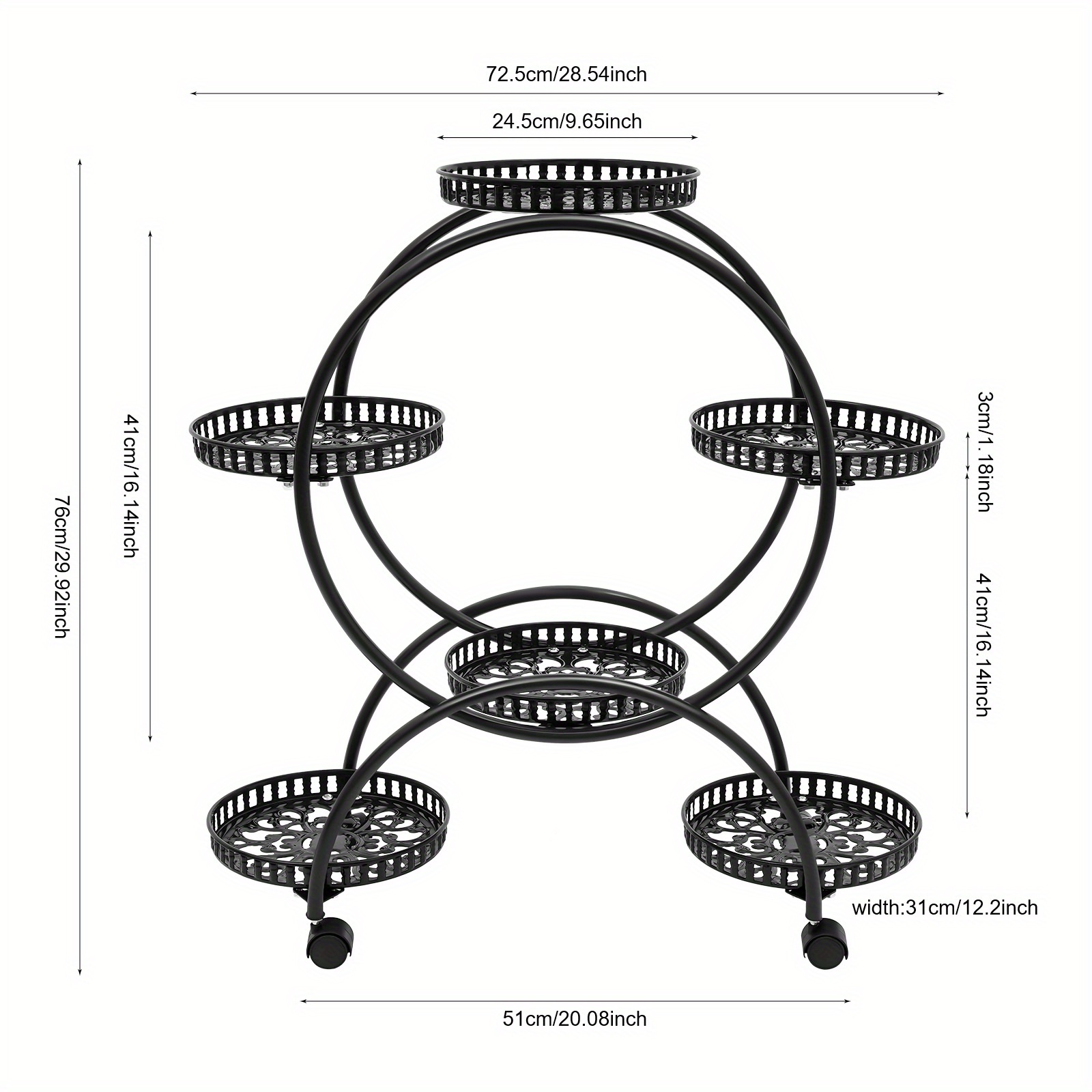 28.54*12.2*29.92in Garden Trellis, Metal Flower Pot Rack With Wheels, 6-tier Vintage Shelving Unit, Metal Plant Stand, Suitable For Courtyard Garden Balcony Bedroom Office Decoration (black)