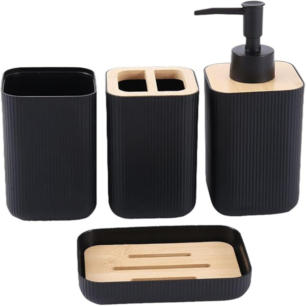 Image of 4pcs Bathroom Accessories Set Plastic Soap Dispenser And Toothbrush Holder Set, Soap Dish And Mouthwash Cup, Boho Bathroom Decor, Bathroom Set