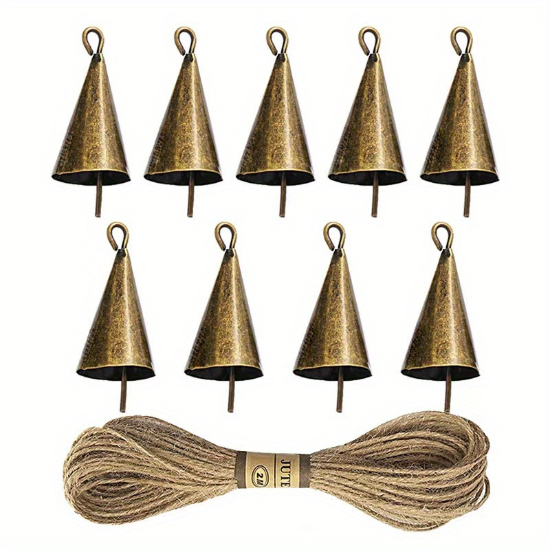 Image of Christmas Bells For Decoration – Cow Bells For Rustic Christmas Décor – For Holiday Ornaments – Vintage Style Chimes On String - Crafting Accessories Set Of 9 Brass, Christmas Decor