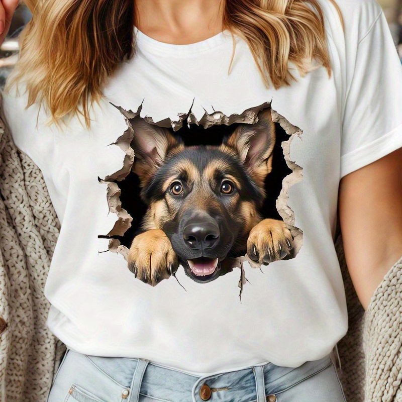 

Women' T-shirt With German Shepherd Peeking Design - Casual Round Neck Short Sleeve, Lightweight Polyester , Ideal For Casual Attire Or As A Gift, Seasonal Fashion|distressed Effect|