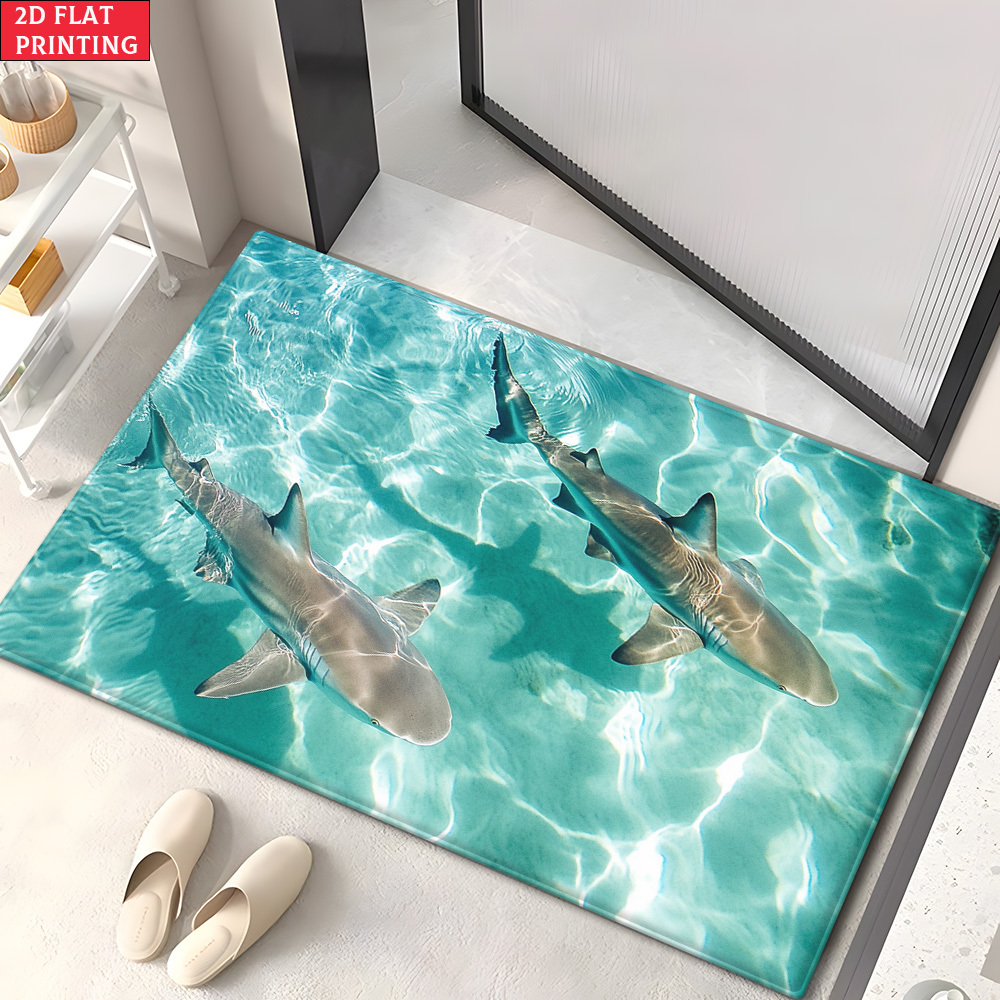 TEMU 2d Flat, 2d Flat 1pc 850gsm Velvet Sharks Underwater Door Mat, Outdoor Mat, Outdoor Rug, Bath Mat, Microfiber Absorbent Machine Washable Rug For