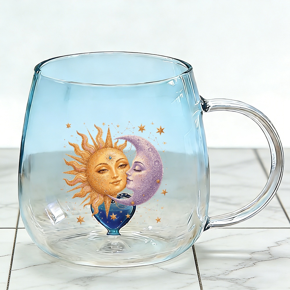 TEMU Brewing Mugs, Sun And Moon Heart Gradient Glass Mug, Boho Celestial Pink Tumbler With Handle, Cute Astrology Coffee Cup Gift For Women, Moon