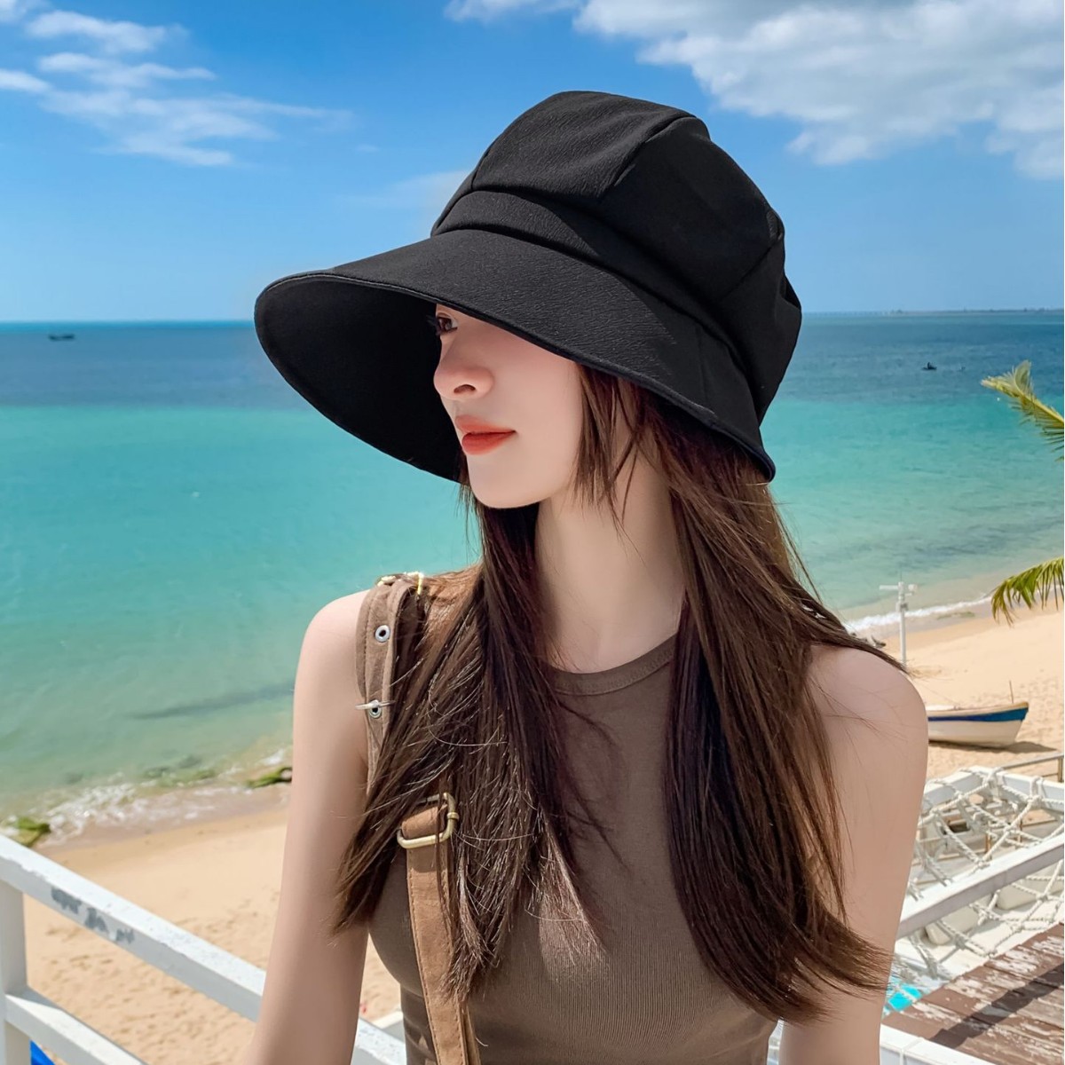TEMU 【夏に最適】大きな帽子 - 日焼け防止、ブラック、万能、八角形ベレー帽スタイルのフィッシングハット。ビーチ、旅行、アウトドアに最適。デーのギフトにも。