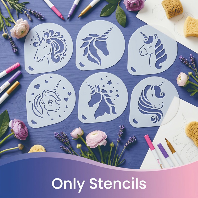 Unicorn Template Set Featuring 6 Unicorn Head Designs, Including Hearts, Stars, Flowers, And Flowing . Durable Laser-cut Plastic Templates That Are Washable And Reusable