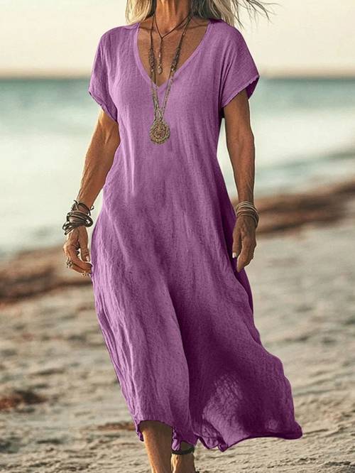 plus size large size womens v neck extra long dress loose short sleeved bohemian beach dress casual and elegant dress