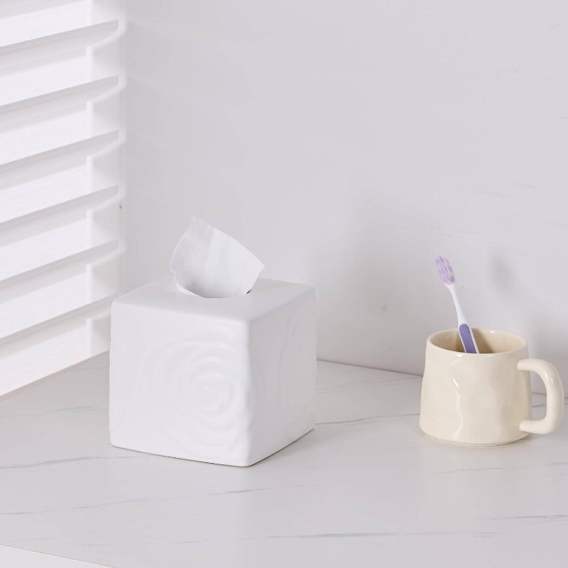 1pc elegant white ceramic tissue box holder with carved lid - large square/rectangular design, decorative lid & sturdy base for bathroom, vanity, kitchen, office - decorative storage for tissues, tissues not included - modern & traditional decor - compatible with cylindrical boxes (compatible with tissue boxes, not tissues) - ceramic tissue box cover with carved rose detailing, decorative tissue box holder, tissue holder bathroom, tissue box with storage, Product details 5