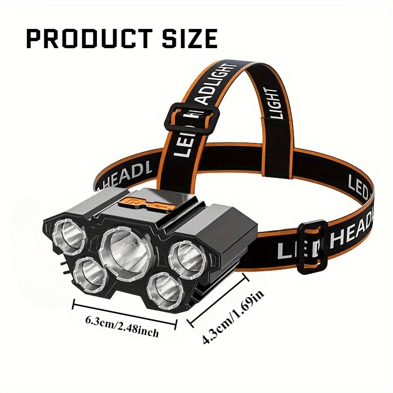 1 stk 5 LED Ultralys Nødbelysning med USB-opladning, 14500-batteri, Bærbar ABS pandelampe egnet til camping, vandring, fiskeri, reparation osv. Scener. Strømindikator og SOS-lys, Mat finish, Sort og orange design, Kombinerer lysstyrke, bærbarhed og multifunktionalitet, Praktisk værktøj til udendørs aktiviteter, nattearbejde og nødblænding