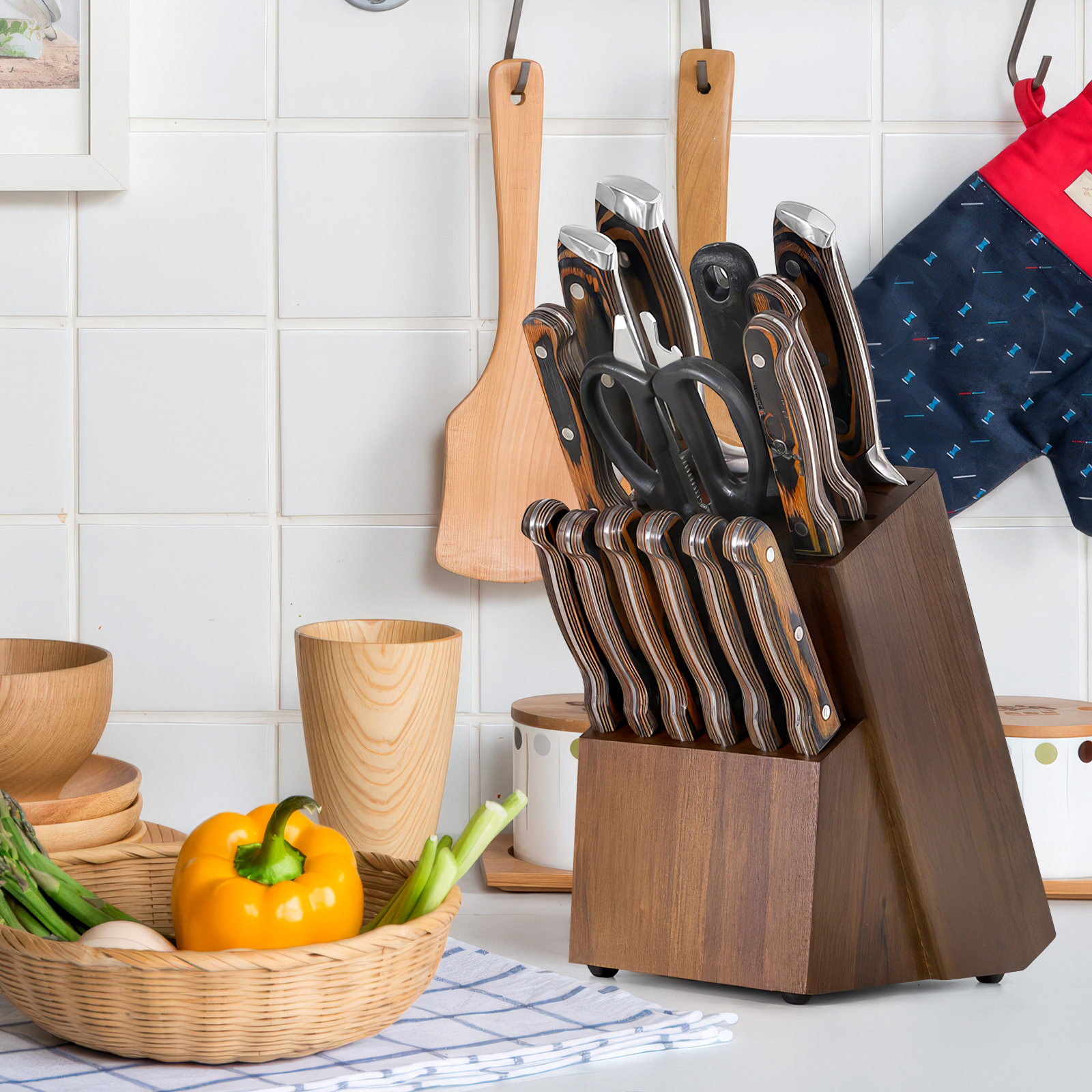 14-slot Cutter Blocks (cutting Tools Not Included) Wooden Storage, Countertop Cutter Holders For Kitchen Scissors Sharpening Apartment Meal Prep