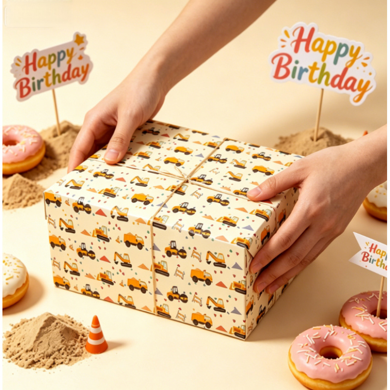 Image of 1 Roll Construction Truck Wrapping Paper, Cute Yellow Excavator And Dump Truck Pattern, 43.2 X 300cm (17" X 9.84ft) - Perfect For Boys' Birthdays, Construction-themed Parties, And Gifts