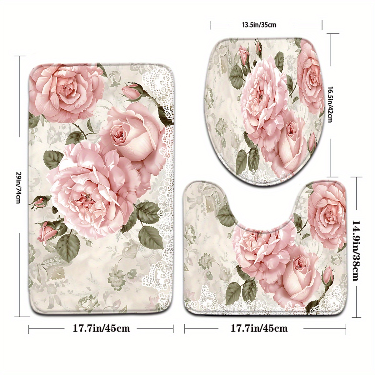 TEMU [open ] 3pcs Mother's Day Pink Rose Pattern Bathroom Mat Set Toilet Lid Cover U-shaped Foot Mat