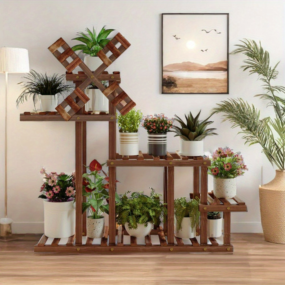 

-chic Windmill Corner Plant Stand - Large Wooden Holder For Indoor & Outdoor Decor, Living Room, Balcony, Patio, And Window Display Shelf