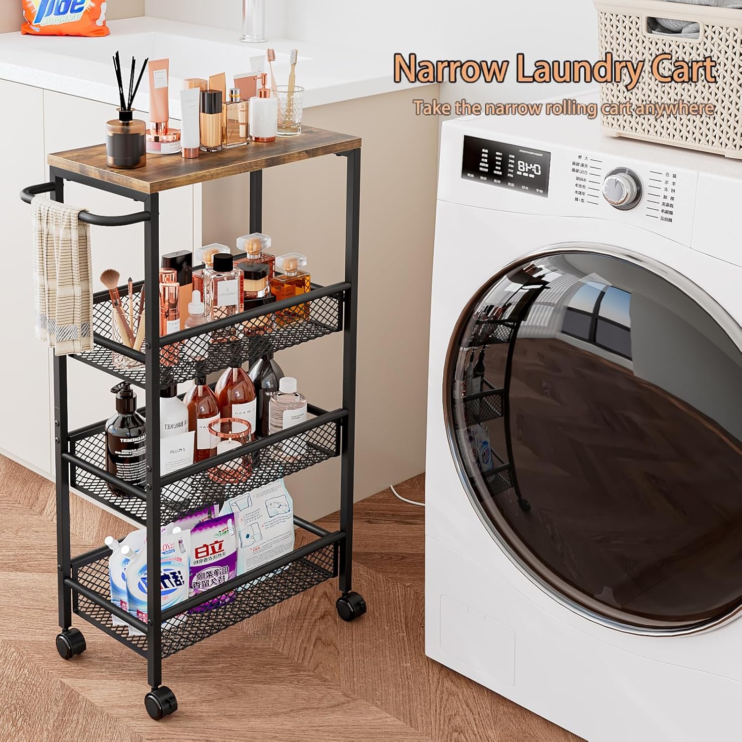TEMU 4-tier Slim Rolling Cart With Wheels- Space Saving Storage Organizer For Kitchen, Bathroom, Laundry, Mdf Top& Metal Handle