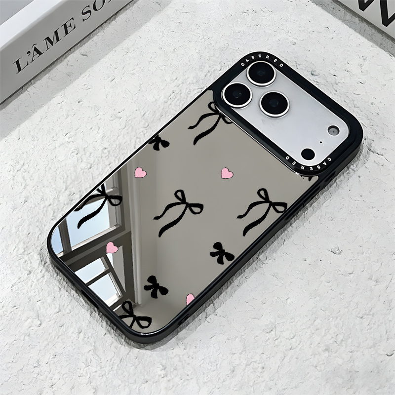 TEMU Phone Case: 1 Black Bow Heart Uv Printed Pattern Mirror Phone Case, Suitable For Iphone 17‑11 Pro Pro , All-scene