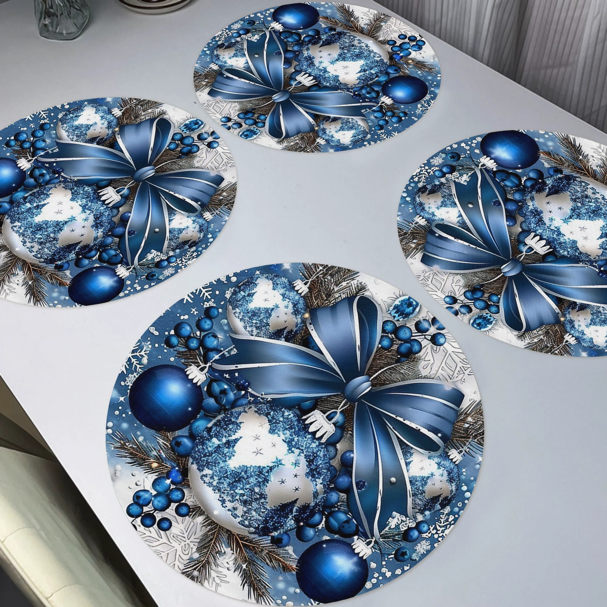 

4pcs Blue Christmas Bow Placemats, Ornaments Round Table Mats For Home Decor Non-slip Washable Place Mats For Daily Banquet Party Dining Table Decoration 15