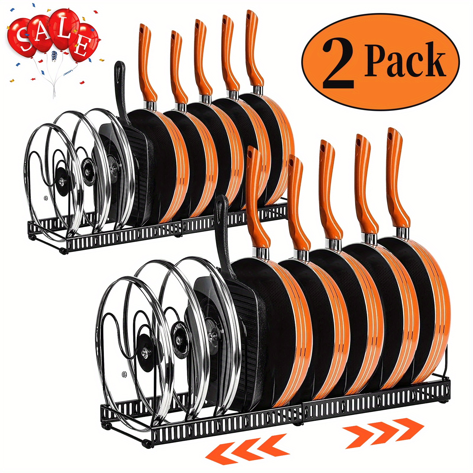 

2 Pack, Pot Organizer, Pot Organizer, Lid Rack With 10 Adjustable Compartments, 2 Diy Ways For Kitchen Cabinet Cookware, Frying Pan Rack, Cutting Boards, Cast Iron Pans, Heavy Duty Cookware, Black