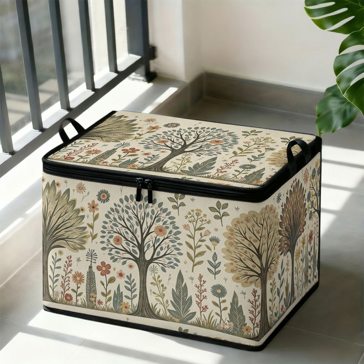 TEMU 1pc Extra Large Foldable Zipper Storage Box, Artistic Line Drawing Tree Landscape Print Design, Suitable For Clothing, Pants, And Bedding