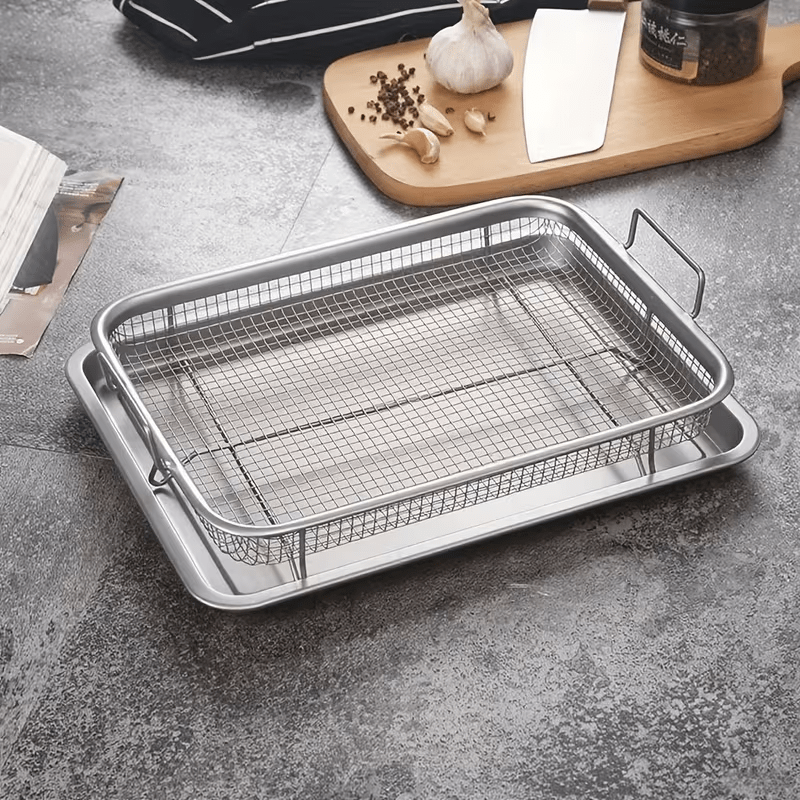TEMU Multifunctional 2-in-1 Stainless Steel Oil Drip Pan And Oil Drain Grill Basket Set Countertop Divider Net Baking Tray, Suitable For Household