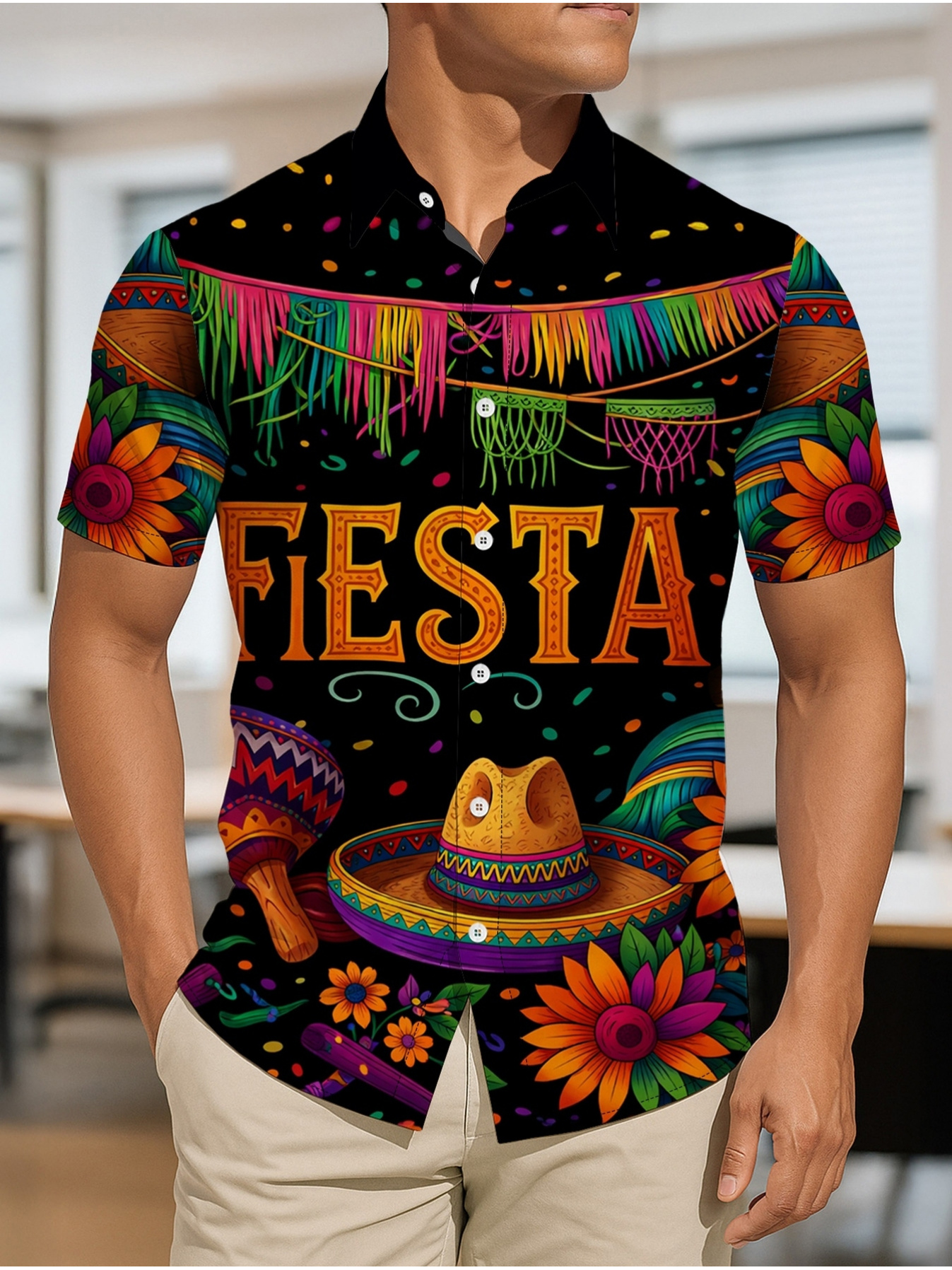 item picture 2026 summer new mens shirt print design no texture short sleeve shirt with mexican   for casual loose fit with turn collar   festivals and everyday wear