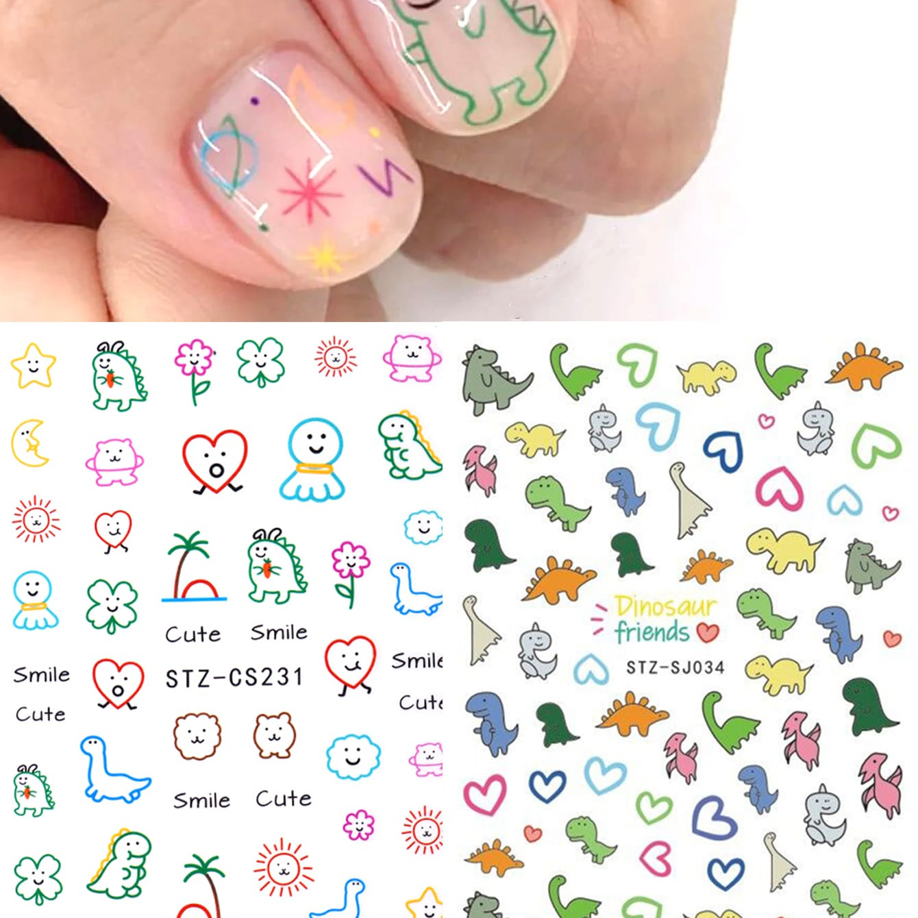 Image of 2sheets Cartoon Dinosaur Graffiti Style Nail Stickers Kawaii Decals Manicure