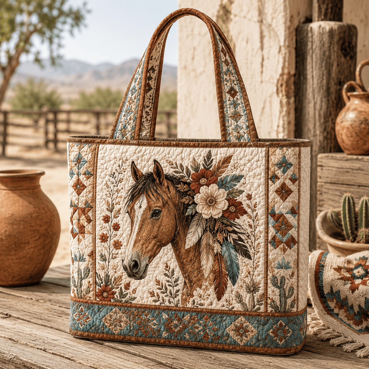 TEMU Bohemian Western Quilted Tote Bag & Botanical Print, Large Capacity Zipper Closure Handbag Suitable For Travel, Beach, Shopping, Horse-themed