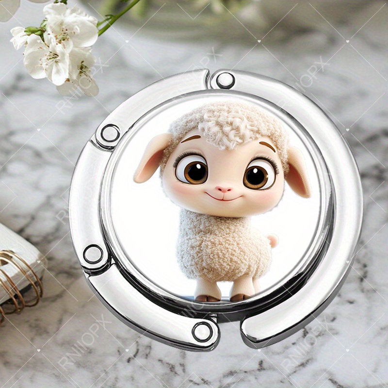 TEMU 1pc Creative Portable Metal Round Folding Hook Featuring Cute Smiling Lambs For Handbag Holder Table Support Wallet Display Halloween Gifts
