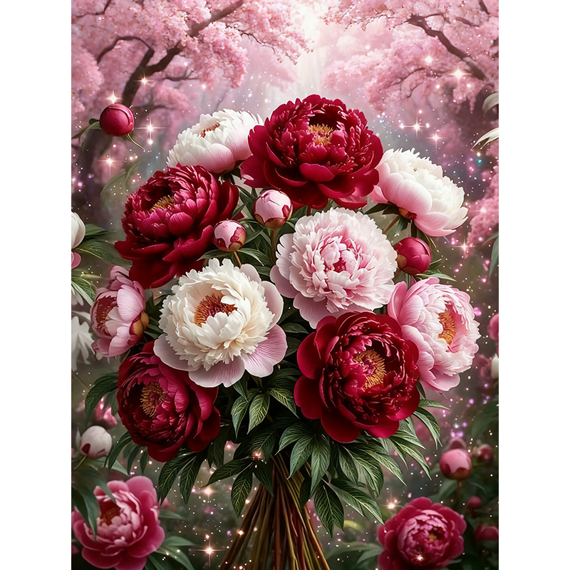 TEMU 1pc 5d Diamond Painting Kit, Pattern Of Colorful Peonies And Beautiful , Frameless Round Acrylic Gem Full Set, Craft, Wall Art, Home Decor And