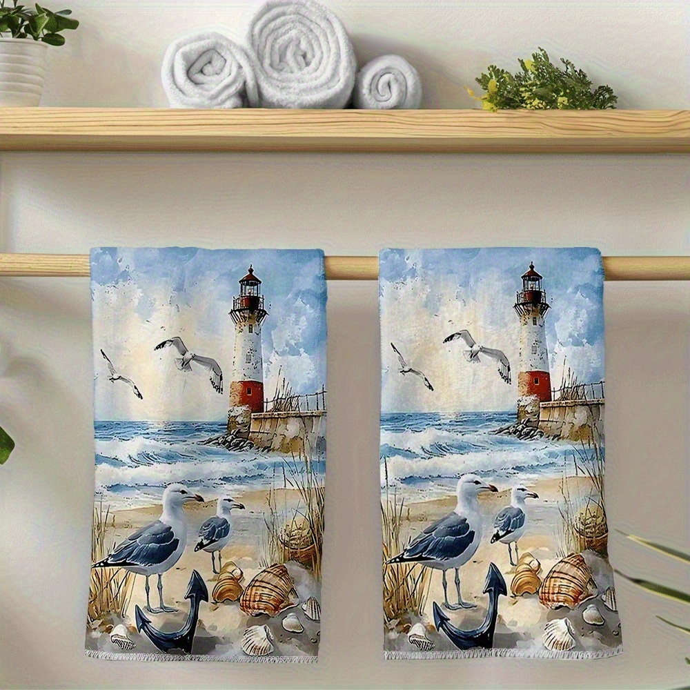 TEMU Cleaning Cloth 2pcs Kitchen Towels, Lighthouse Seagull Beach Pattern, Vibrant Colors, Suitable As Birthday Gift Or Housewarming Party Gift For ,