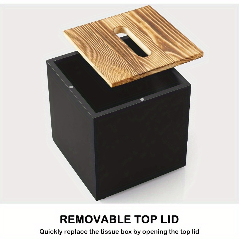 modern black wooden tissue box cover - decorative cube tissue dispenser with top surface, space-saving organizer for bathroom, kitchen, office, living room - compatible with standard tissues,   decor storage solution, tissue holder for bathroom, tissue box for living room, rectangle shape, bathroom layout- bright purple & teal accents Product details 5