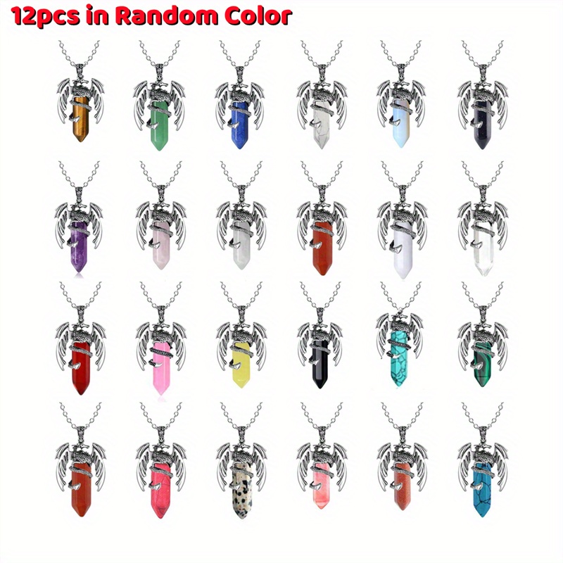 TEMU 12pcs Dragon Pendant Necklaces, Funky Hexagonal Natural Crystal Pendant Necklace With Wrapped Around, Fashion Jewelry For Men And Women, Perfect For Gift-