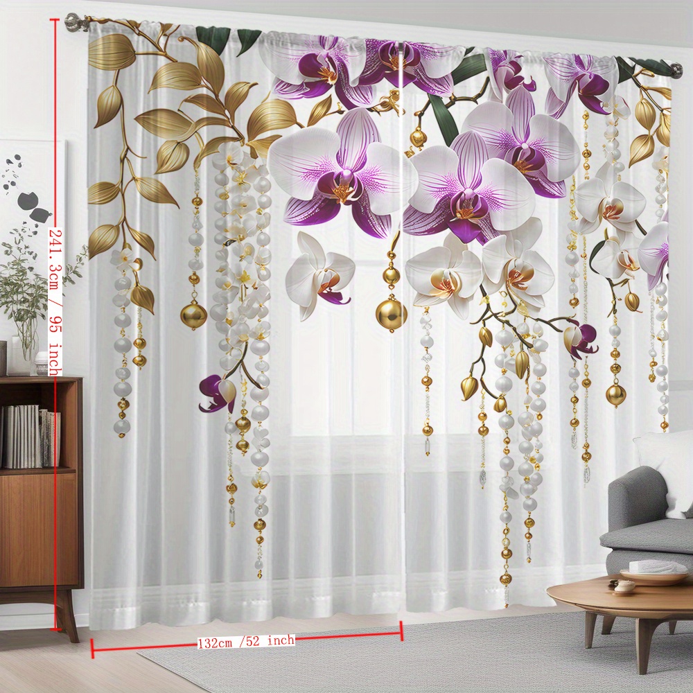 TEMU 2pcs Orchid With Golden Accents, Elegant Style Printed Sheer Curtains For Kitchen, Cafe, Dining Room, Balcony, Garden, And Bedroom