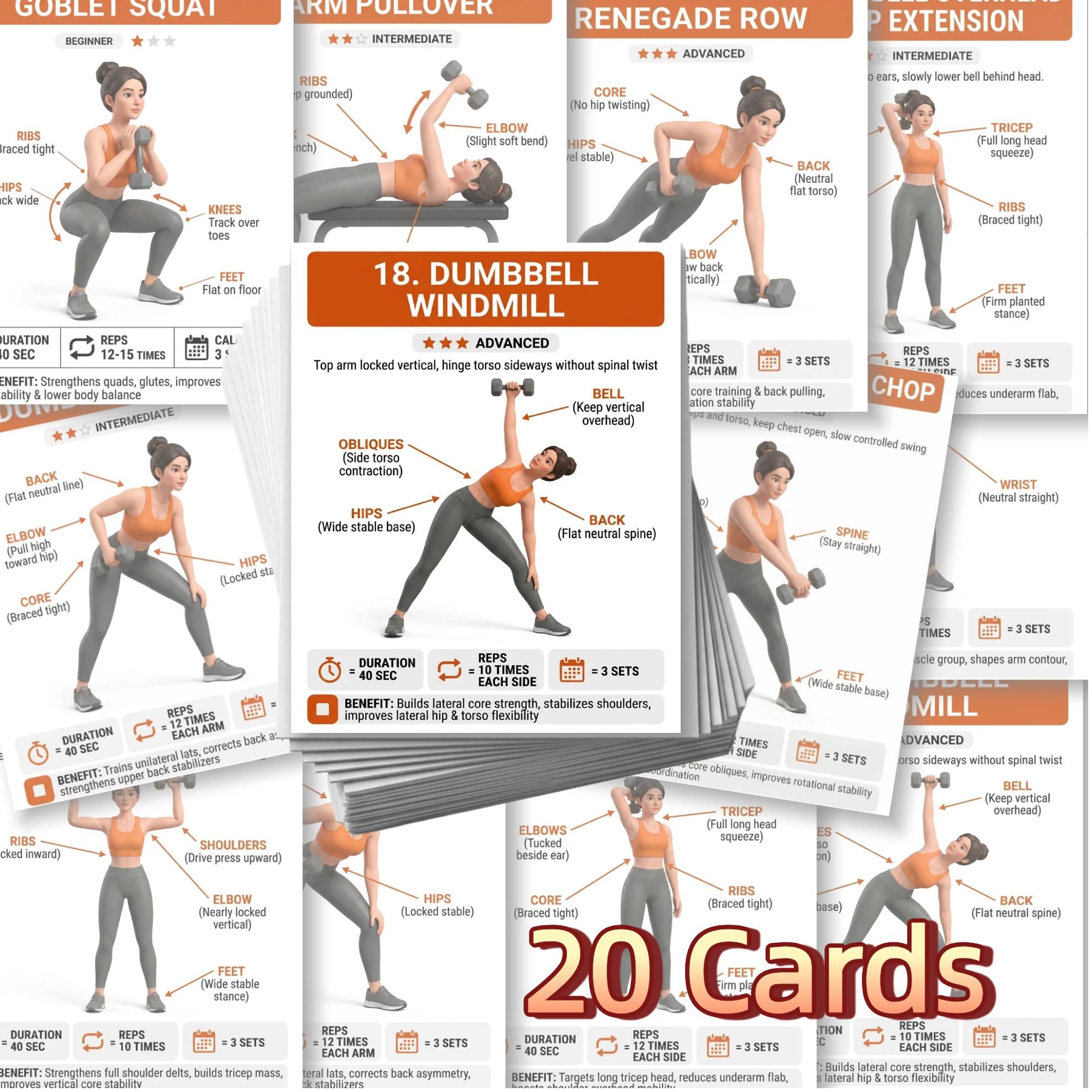 TEMU 20pcs Dumbbell Fitness Flashcards, Home Full Training Guide With Movement Tips, Arm Shoulder Chest Back Core Leg Exercise Cards, Portable Daily