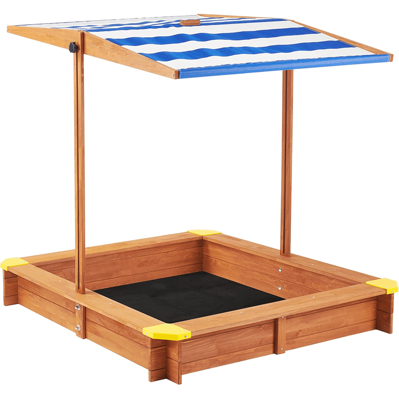 46&quot; Wooden Sandbox with Adjustable Canopy - Large Outdoor Play Station for Youngsters, UV-Protected Cedar Sandpit with Drainage Design &amp; Striped Canopy, Perfect for Backyard Fun, Weatherresistant Sandpit | Striped Canopy Design | Retractable Roof Feature