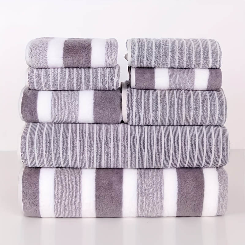 TEMU Ensemble de 8 serviettes de -douces, non pelucheuses et très absorbantes à rayures bicolores, adaptées aux hôtels , comprenant 2 serviettes de