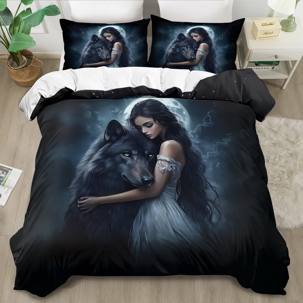 

1 Set Gothic Wolf And Beauty Themed Duvet Cover Set - 2/3pcs, Soft Breathable Polyester Bedding With , Comfort, Machine Washable, Includes 1 Duvet Cover Pillowcases (no Insert)