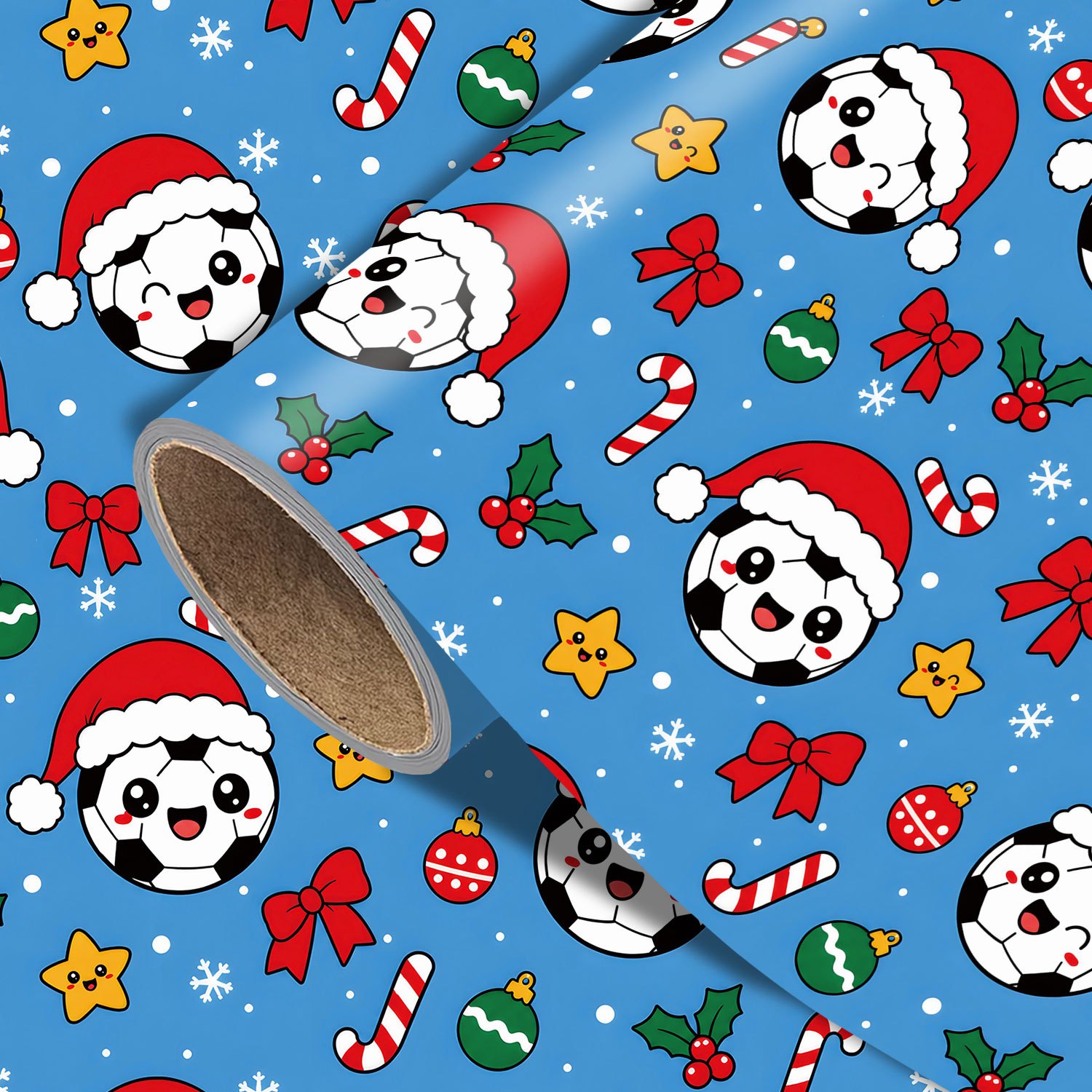 TEMU Rouleau de de Noël football - 17,7 x 118 pouces, papier d'emballage de fêtes de football avec motif de Père Noël, ballons de foot, de neige,