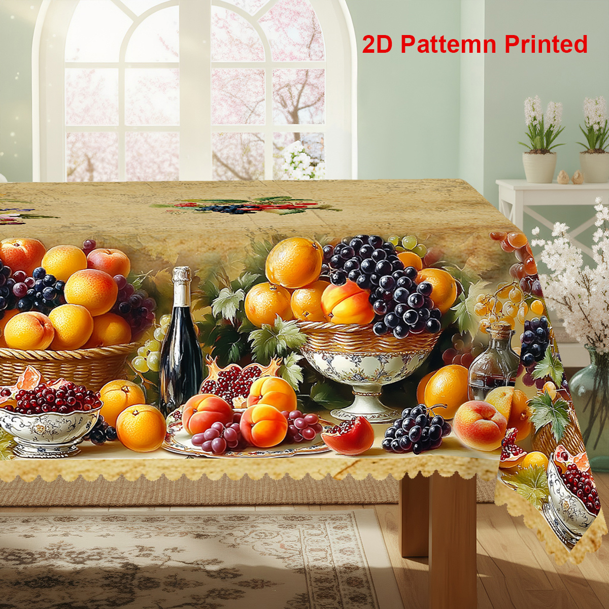 TEMU 1pc Fruit-themed Party Tablecloth, Durable Tablecloth, Spring Summer Vintage Pomegranate Grape Floral Print Design, Rectangular/square