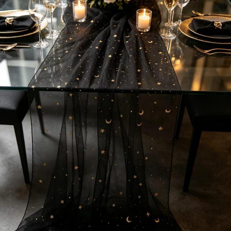 TEMU 1pc Of Black Star And Moon Mesh Netting, Dark Gothic Style Lightweight Sheer Soft Mesh Fabric With Stars And Moon Sequins, Diy Handmade Gauze