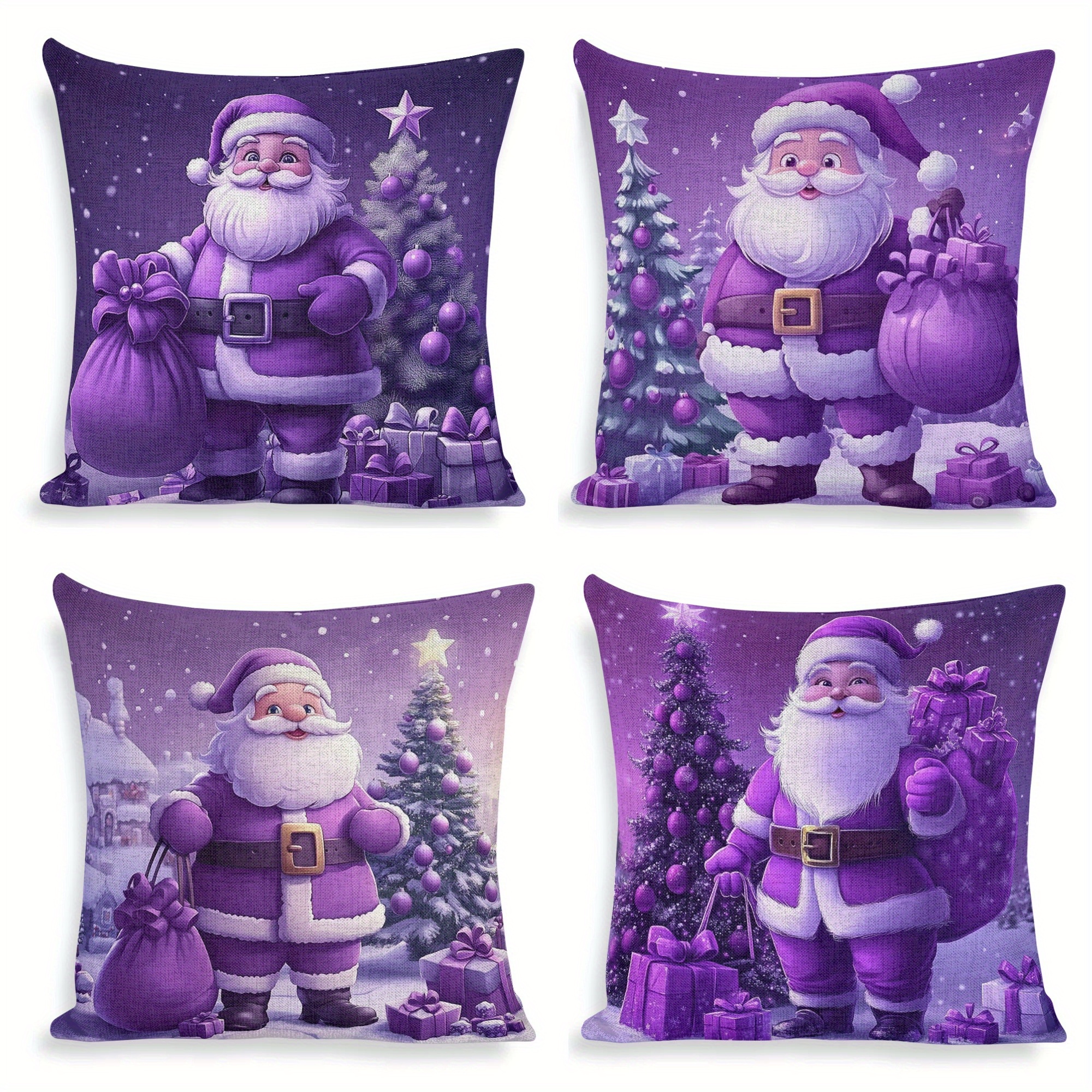 

4pcs-christmas Pillowcase, Purple Cushion , Purple Pattern Cushion , Purple Christmas Tree In The , Christmas Decoration, Christmas , Sofa And , , , Double-sided Cushion