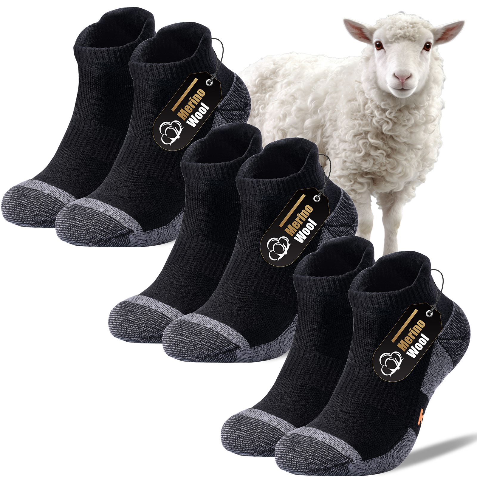 E-shop 3 Paar Wander- Lauf-Socken aus Wolle für Männer Frauen – Kompressionsstütze, schweißabsorbierend, atmungsaktiv, dick gepolstert, niedrig