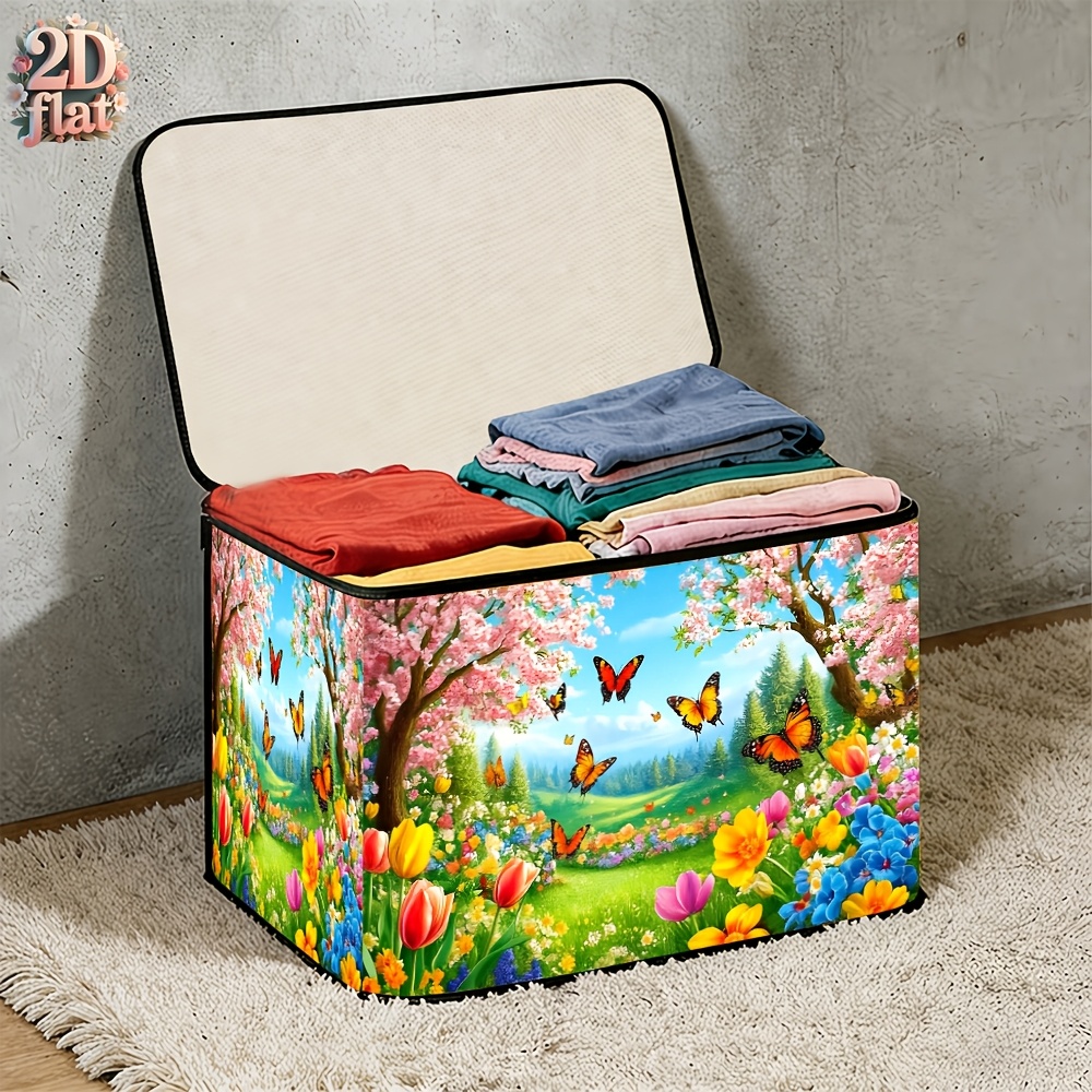 TEMU Grand panier pliable avec couvercle, motif de de dessin printanier, plat 2D, boîte de rangement pliante pour placard à domicile, convient pour