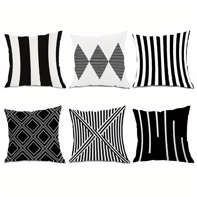 TEMU 6pcs Black And Scheme Pillowcases With Simple Patterns Like Stripes And . Pillow Inserts Not Included. Machine Washable. Suitable For Indoor Use