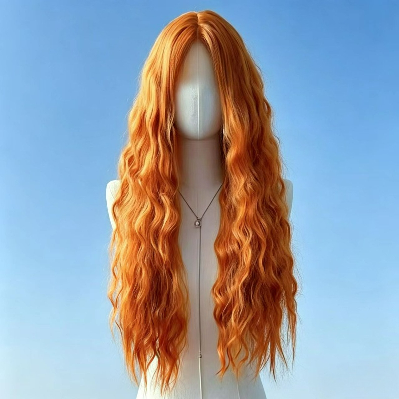 TEMU New Women's Middle Part Water Wave Orange Long Curly Hair, Synthetic Fiber, Fluffy Full-volume Water Wave Middle Part Long Curly Hair, Synthetic