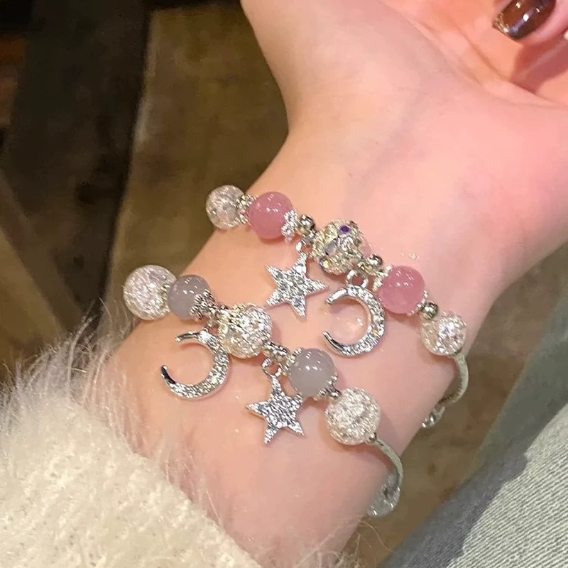 TEMU A Two-piece Set Featuring A Star And Bracelet For Women, With Pink And Gray Beads With And Pendant, A Berry Crystal Bead Bracelet For, A