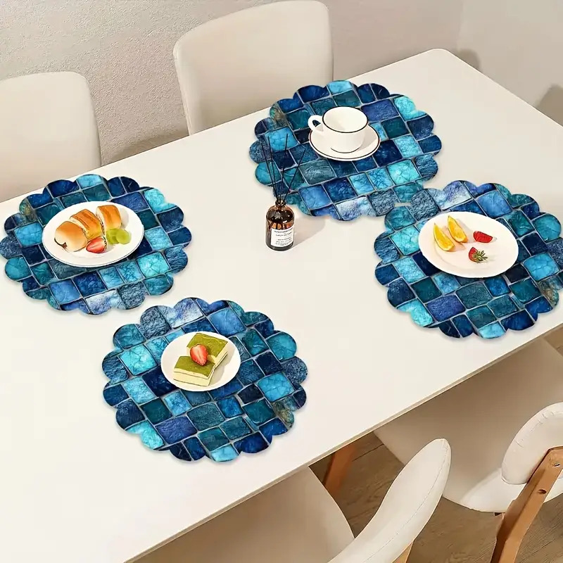 6pcs Set Blue Mosaic Pattern Round Placemats | Non-slip, Heat-resistant, Easy-to- For Kitchen, Dining, Office, Cafes, Weddings, Gift For