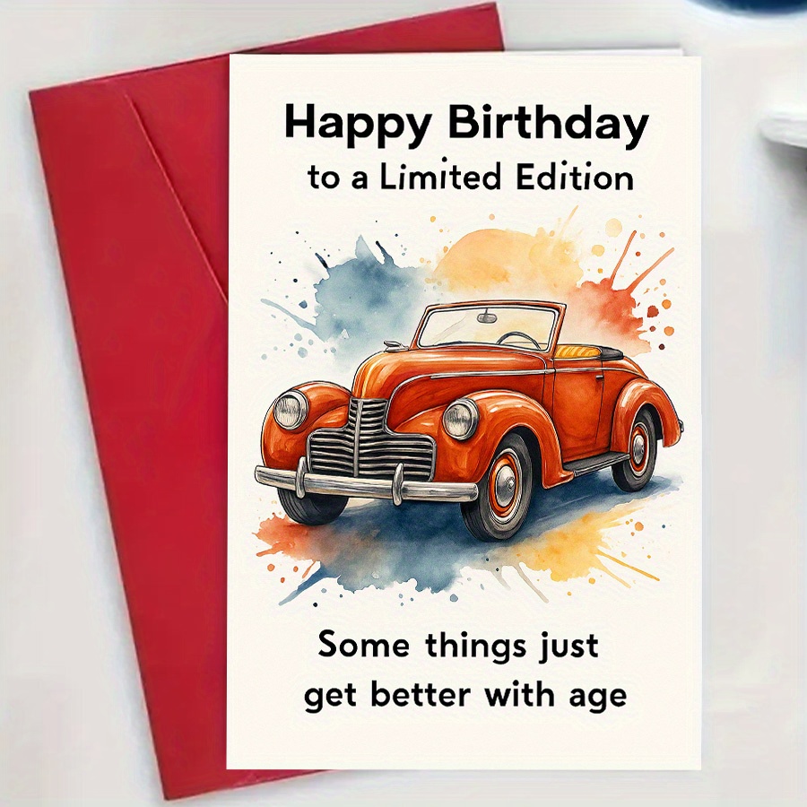 TEMU 4pcs (2 Greeting Cards + 2 Envelopes) Vintage Car Birthday Cards For Him - Edition Design With Car Illustrations, "happy Birthday" Text And "
