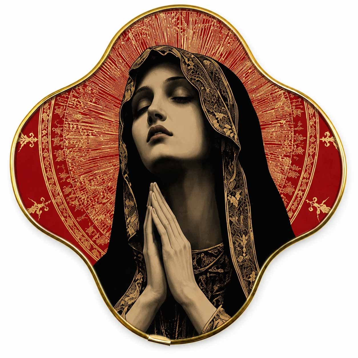 TEMU Art Mural Femme Florale de à Feuilles avec Dorée sur Fond Rouge, Impression de Portrait Vintage d'Inspiration Religieuse, 1 pièce, Encadré, Plat