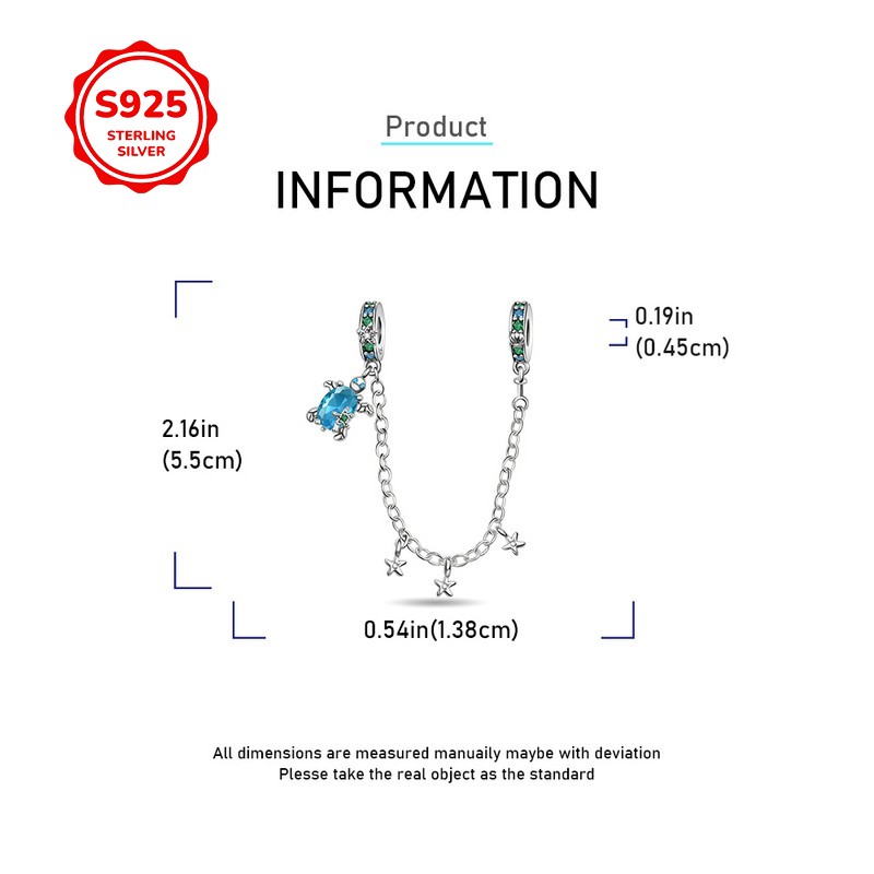 Women's S925 Silver Shell Starfish Sea Turtle Safety Chain Charm